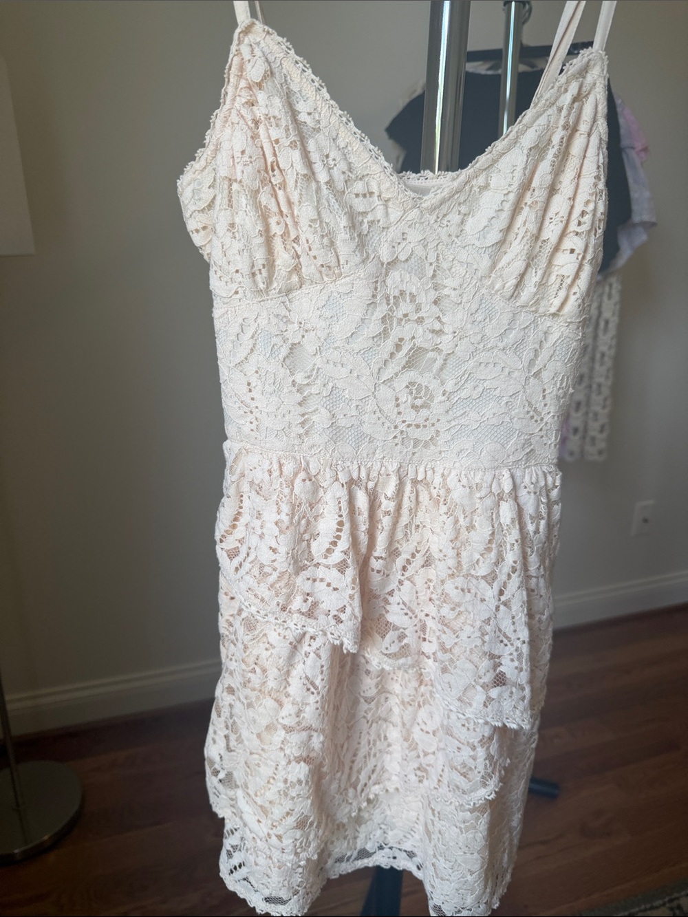 LoveShackFancy Beige Lace Spaghetti-Strap Mini Dress